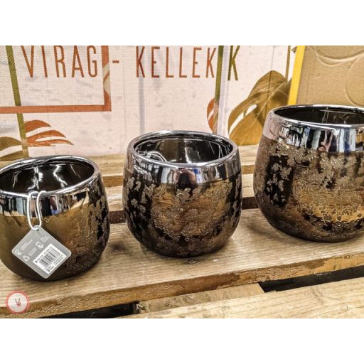 kerámia kaspó  ezüst szélű rusztikus  bronz  